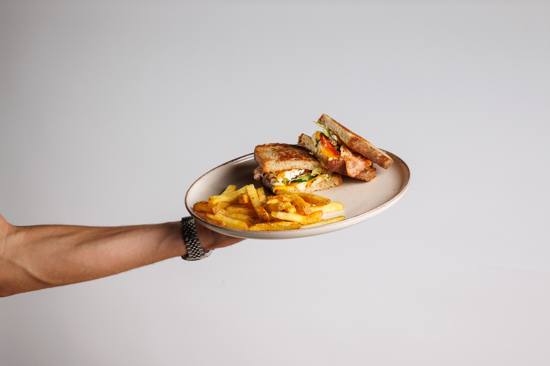 Sandwich and fries served on a plate